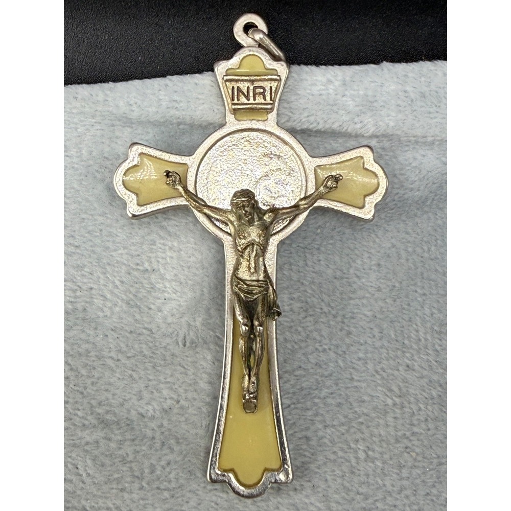 Vintage Estate Crucifix Pendant Saint Benedict Cross Silver Yellow Enamel